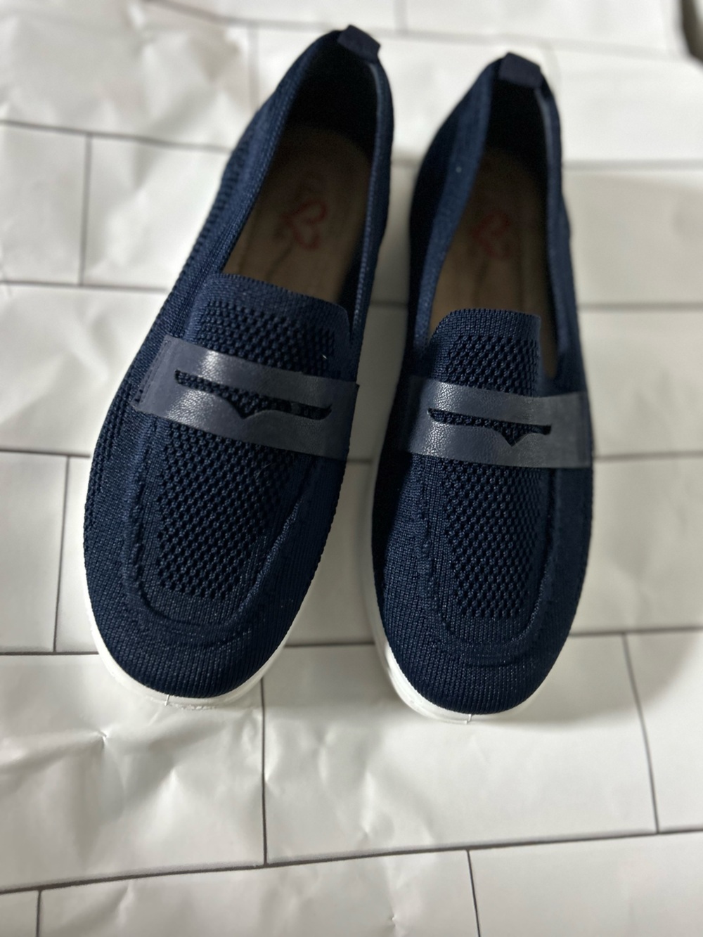 Navy Knit Slip-On Loafers with Leather Band